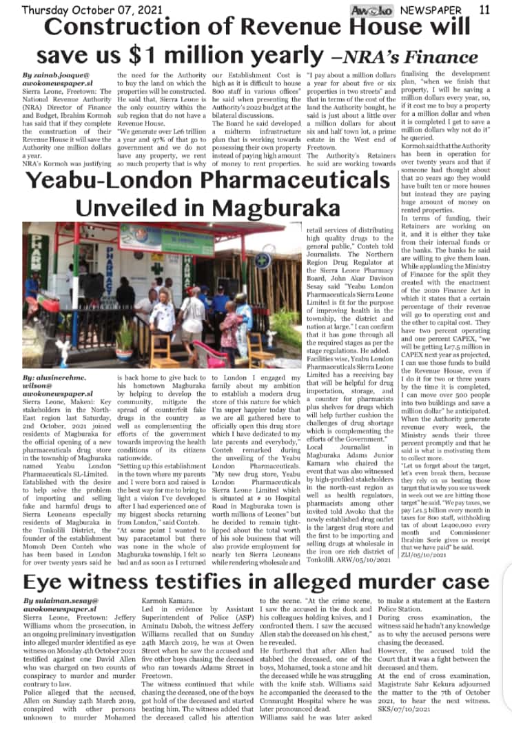 Yeabu London Pharmaceutical Expansion Featured on Awoko Newspaper Front Page